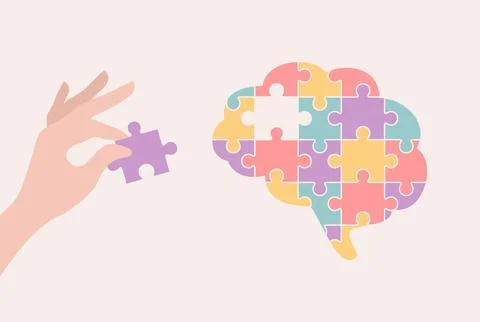 A hand placing a missing puzzle piece into a colorful puzzle brain Stock Illustration