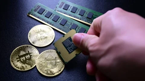 Hand placing processor onto coins and bitcoin representing technology Stock Footage 331121775