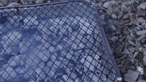 Hand placing a raw beef steak onto a disposable charcoal grill Vidéo 337538785