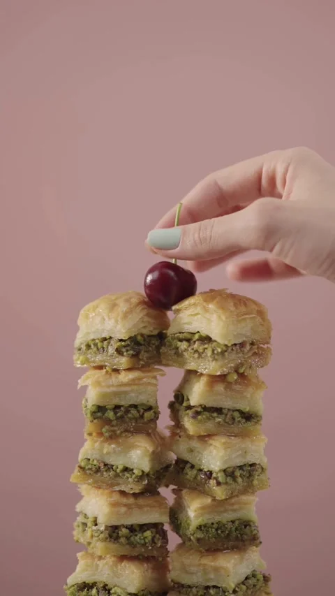 Hand placing red cherry on stack of pistachio baklava Stock Footage 331779038