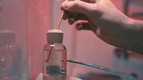 Hand Placing Reed Diffuser Bottle on Bathroom Shelf | Home Fragrance Setup Stock Footage 342775829