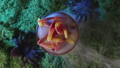Hand placing smoking dry ice candy plate on foggy moss Stock-Footage 342520400