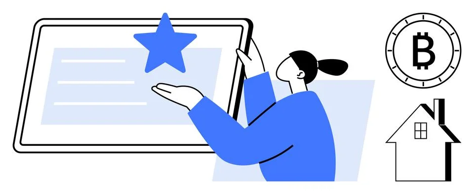 Hand placing a star on a digital interface with Bitcoin and house icons rep.. Illustrazione stock