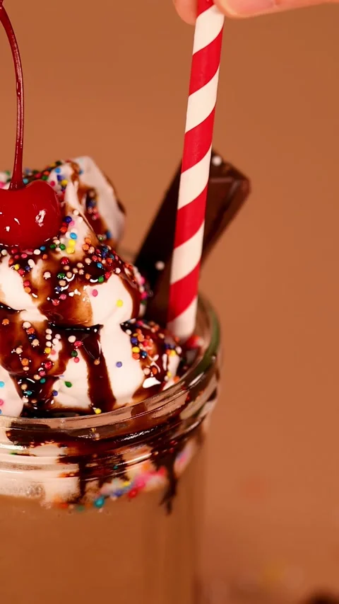 Hand Placing Straw in Chocolate Milkshak... | Stock Video | Pond5