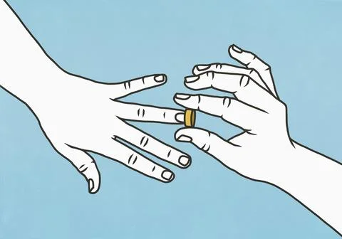 Hand placing wedding band on ring finger against blue background Stock Illustration