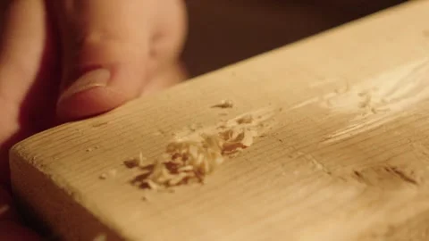 Hand Planing Light Wood Plank Creating Fine Shavings Close-up Видео 337415547