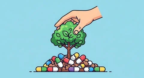 Hand planting small tree on pile of colorful capsules representing recovery.. Stock Illustration
