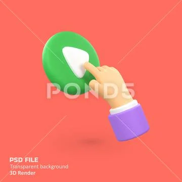 Hand with play button isolated 3d render icon illustration PSD Template