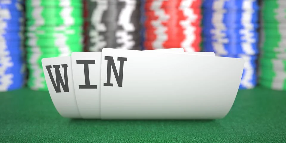 A hand of playing cards with win text. 3d rendering Stock Illustration
