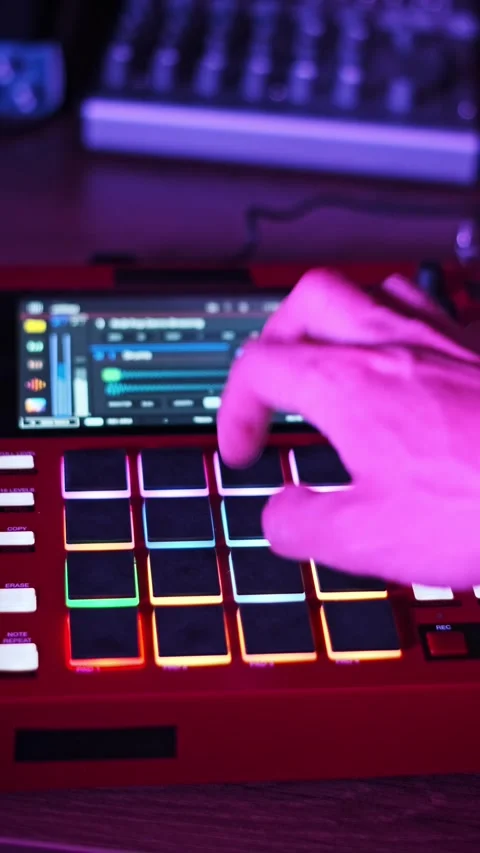 Hand Playing Glowing Pads on Red MIDI Controller with Dynamic Lights Stock Footage 314076518