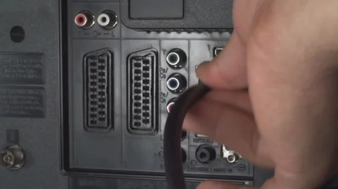 Hand Plugging HDMI Cable Into A HDTV Point Of View, Television, Cables, Network Stock Footage 37331802