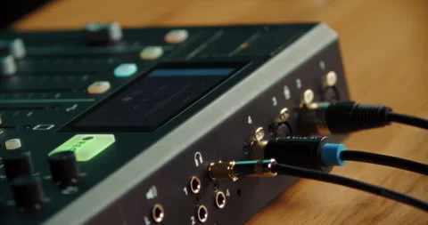 Hand plugging jack audio cable into professional sound mixer Stock Footage 316248135