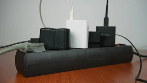 Hand plugging a power adapter into a black power strip with multiple chargers Stock Footage 330901894