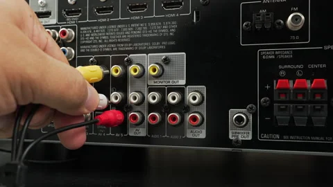 Hand Plugging RCA Cables Into o Video Receiver Ports Close Up Stock Footage 339077306