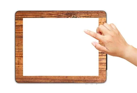 Hand  point on digital tablet pc wood mount isolated on white. Stock Photos
