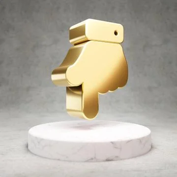 Hand Point Down icon. Shiny golden Hand Point Down symbol on white marble pod Stock Illustration