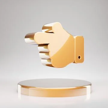 Hand Point Left icon. Yellow Gold Hand Point Left symbol on golden podium. Stock Illustration