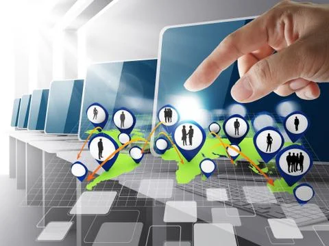 Hand point to social network icon computer room Stock Illustration