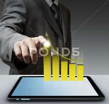 Hand point to virtual gold graph with tablet computer Stock Illustration