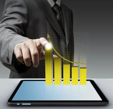 Hand point to virtual gold graph with tablet computer Stock Illustration