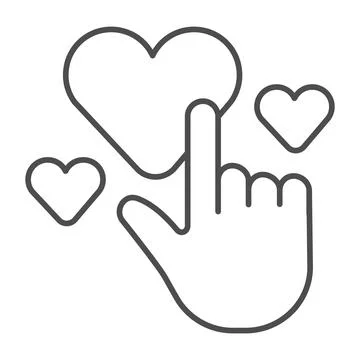 Hand pointer and hearts thin line icon, care concept, hand and heart sign on Stock Illustration