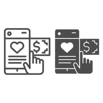 Hand pointer and smartphone line and solid icon. Phone with heart, charity 스톡 일러스트