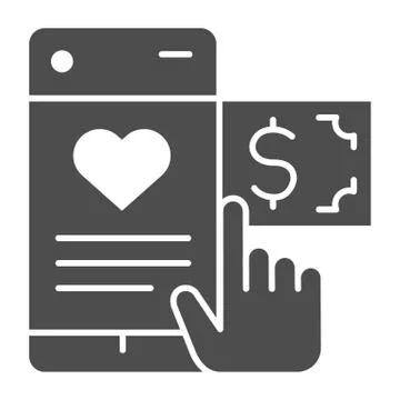 Hand pointer and smartphone solid icon. Phone with heart, charity donation 库存插图