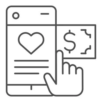Hand pointer and smartphone thin line icon. Phone with heart, charity donation Stock Illustration