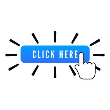 Hand pointer with animation of action over blue button with text click here o Stockillustratie