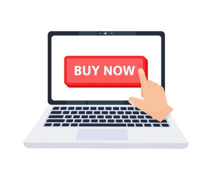 Hand pointer clicking on a buy now button on a laptop screen. Vector 스톡 일러스트