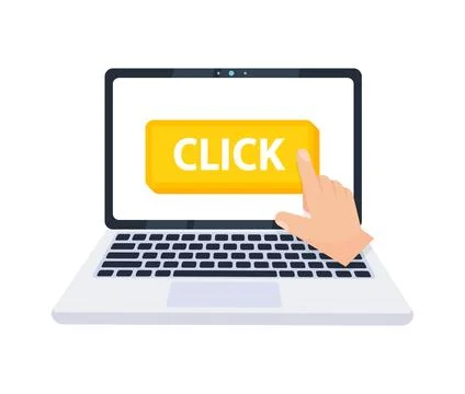 Hand pointer clicking on a click button on a laptop screen. Vector illustration Stock-Illustration