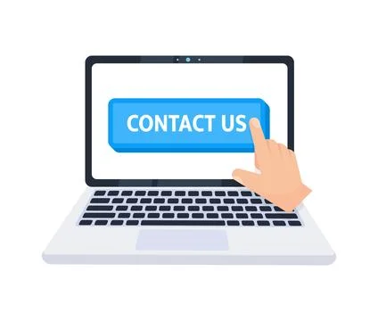 Hand pointer clicking on a Contact Us button on a laptop screen. Vector Illustrazione stock