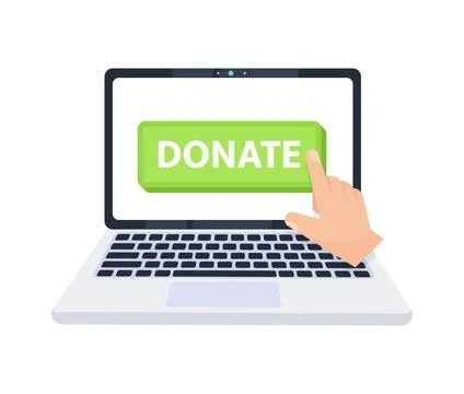 Hand pointer clicking on a donate button on a laptop screen. Vector illustration Stock-Illustration