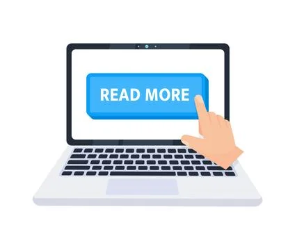 Hand pointer clicking on a read more button on a laptop screen. Vector Иллюстрация