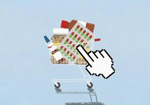Hand pointer cursor hovering over shopping cart full of medication 스톡 일러스트