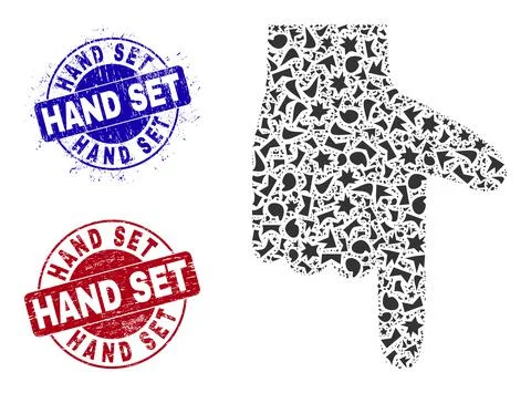 Hand Pointer Down Mosaic of Fractions with Hand Set Grunge Seals Stock Illustration