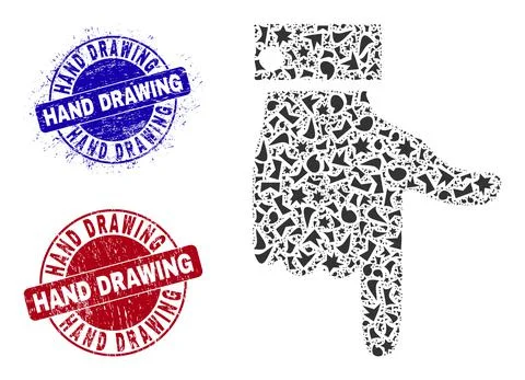 Hand Pointer Down Mosaic of Fractions with Hand Drawing Scratched Rubber Stock Illustration