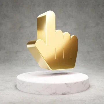 Hand Pointer icon. Shiny golden Hand Pointer symbol on white marble podium. Stock Illustration