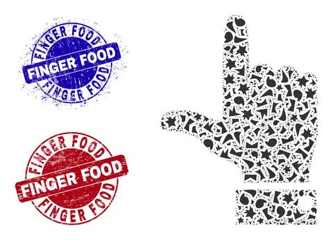 Hand Pointer Up Mosaic of Fractions with Finger Food Distress Stamps Stock Illustration