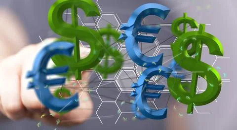 Hand pointing to a 3D rendered pack of dollar and euro money symbols Fotos de archivo