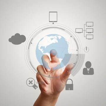Hand pointing  3d world with padlock as internet security online business con Illustration