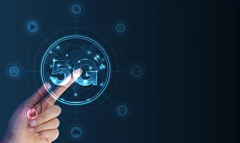 Hand pointing 5G network wireless systems and internet of things with man t.. Stock Photos