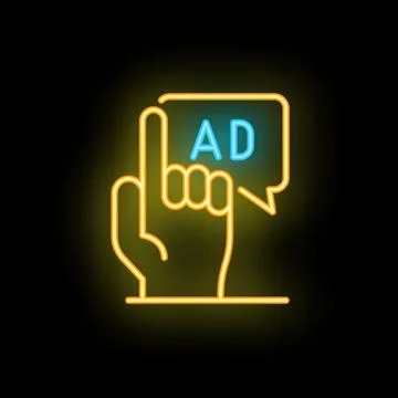 Hand pointing at ad button neon sign on a black background Stock Illustration