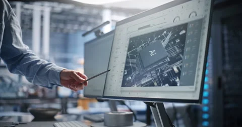 Hand Pointing at AI Processor Model on Display Stock Footage 344390911