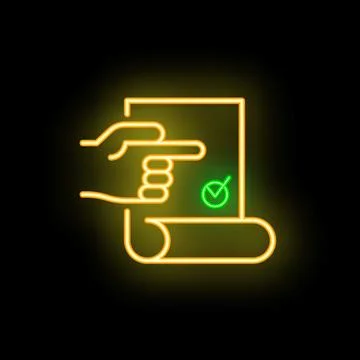 Hand pointing at approved document with check mark neon sign Illustrazione stock