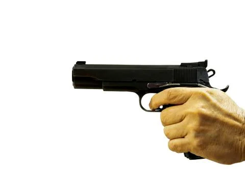 Hand pointing automatic short gun isolated white background Stock-Fotos