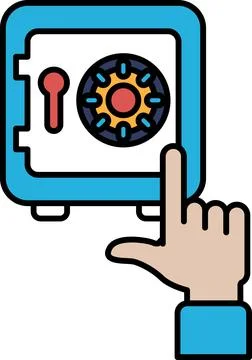 A hand pointing to a blue safe with a red knob Stock Illustration