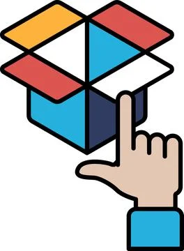 A hand pointing at a box with a red, blue, and yellow square on it Illustrazione stock