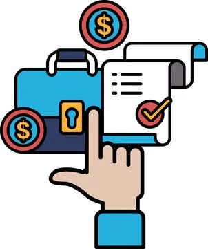 A hand is pointing at a briefcase with a key and a stack of money Stock Illustration