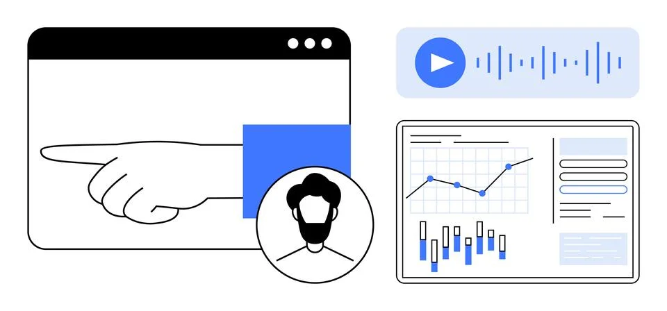 Hand pointing in browser window with user profile icon, audio playback button Stock Illustration